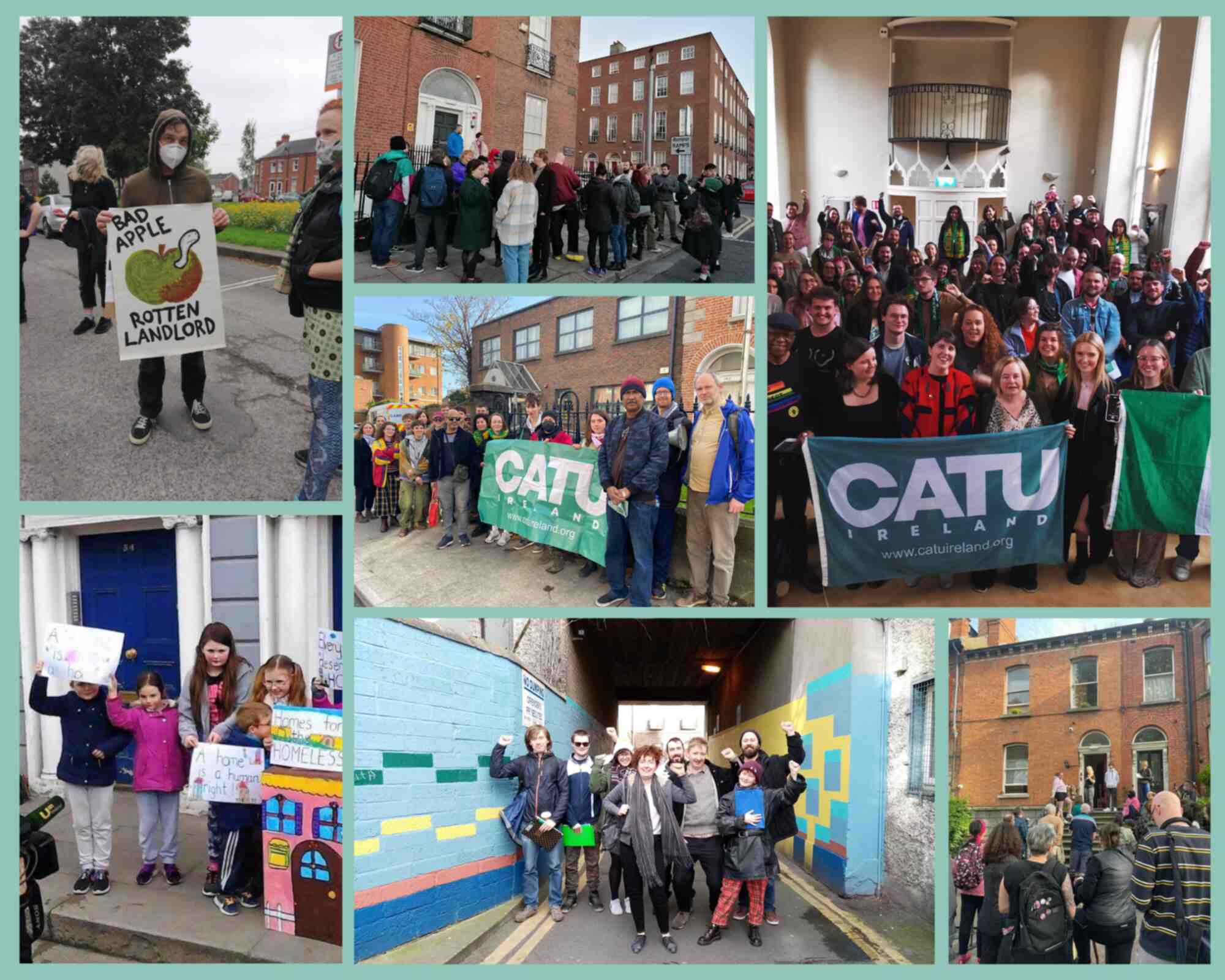 collage of Irish tennant activists holding signs and banners